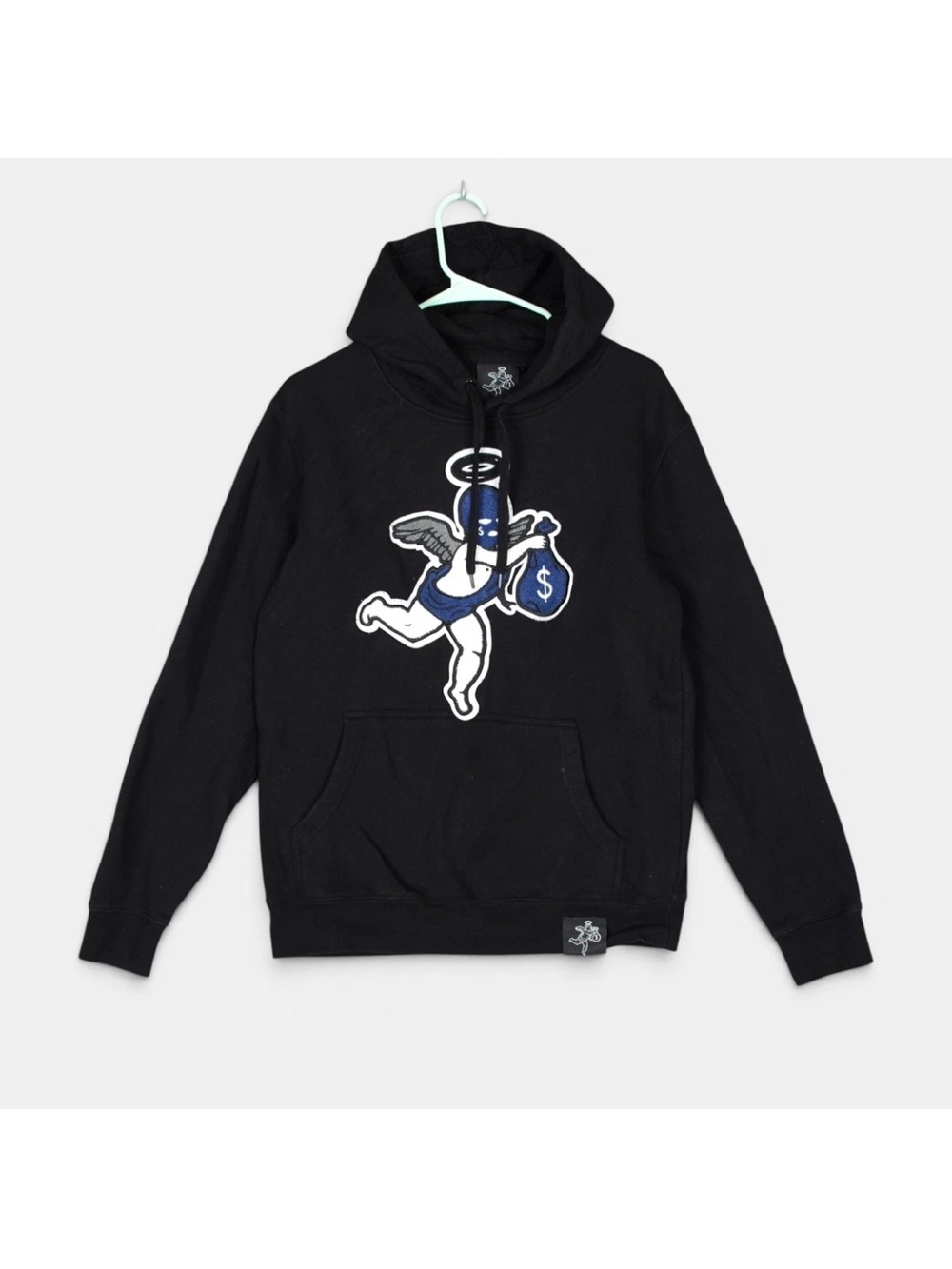 Hasta Muerte Pullover Hoodie Mens Small Black Chenille Patch Angel Money Bag